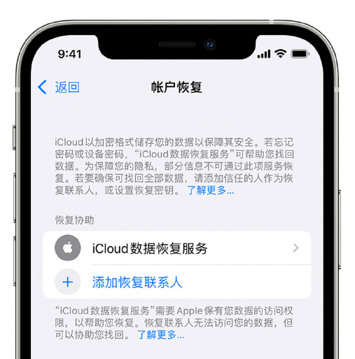 海头镇苹果手机维修分享在 iPhone 上设置帐户恢复联系人的方法 